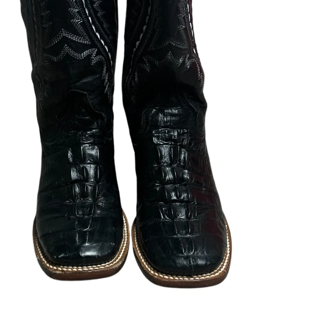 Tanner Mark Caiman Tail Print Embossed Cowboy Boot ( Black ) Kids Size 4